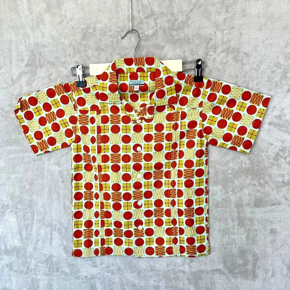 Posh Baby Boys Shirt 5T‎ Red Orange Retro Print Geometric Button Front
